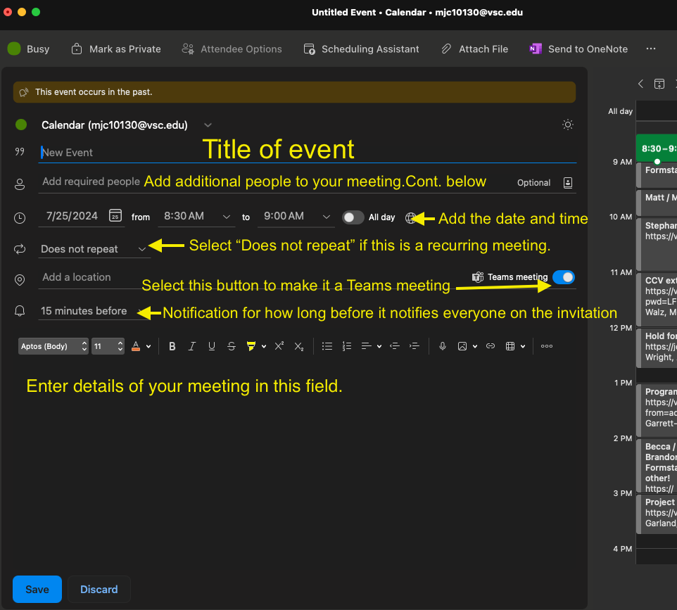 Picture of a new appointment using PC or Mac with a description of each field. 